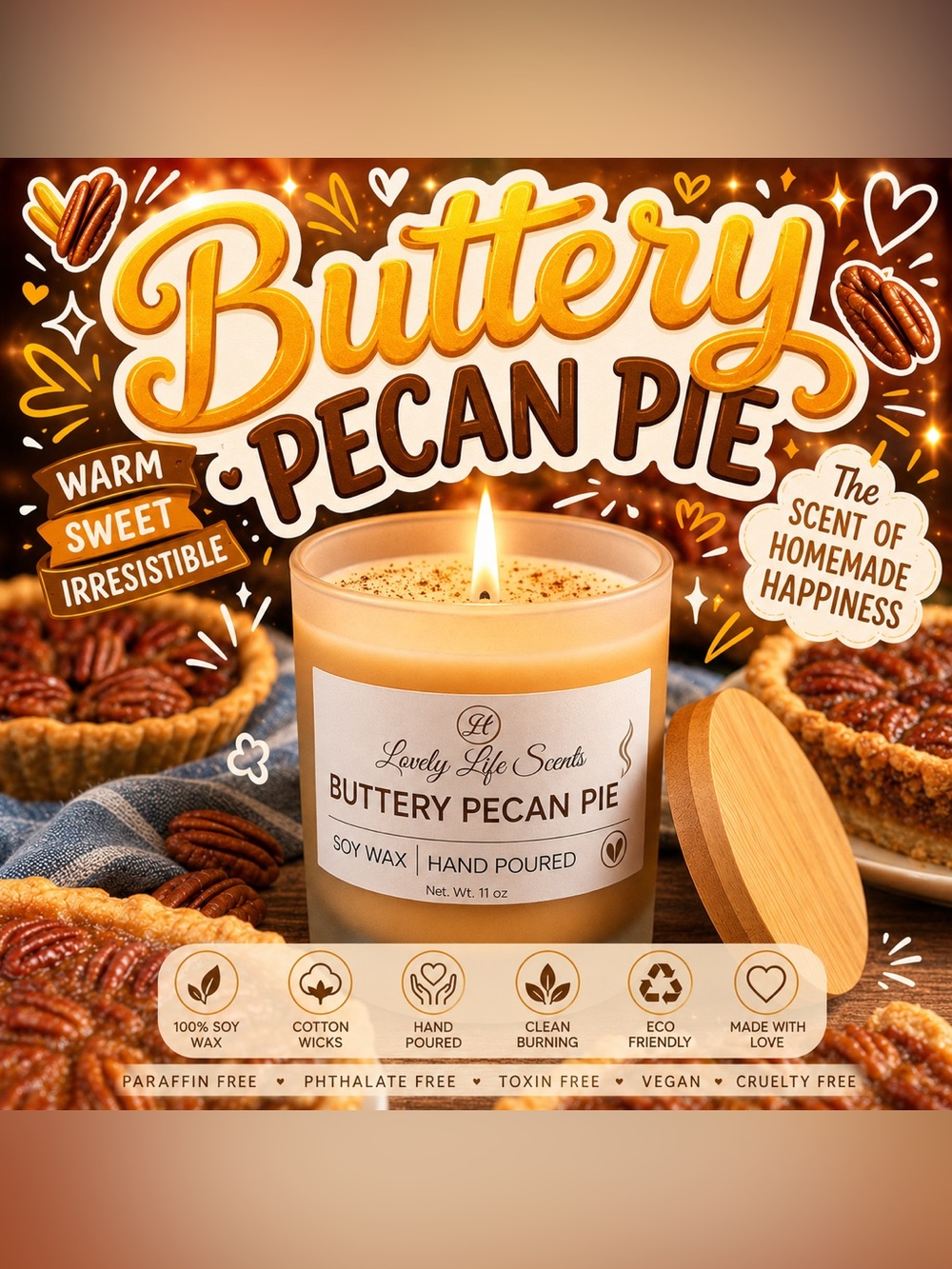 Buttery Pecan Pie 11oz Premium Soy Wax Candle by Lovely Life Scents